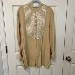 Emanuel Ungaro Silk Stripe Bib Tunic Blouse Cream Button Up Long Sleeve Office M